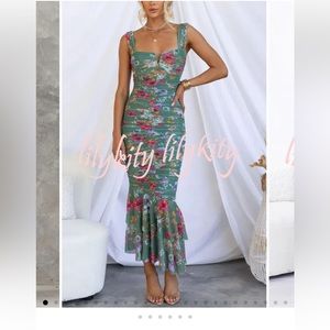 LilyKity Styled to Perfection Floral Ruched Mesh Overlay Ruffle Hem Maxi Dress